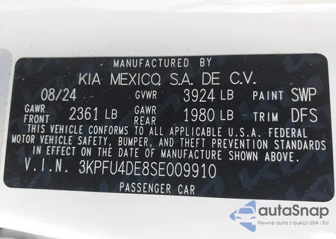 2025 Kia K4 Ex z USA, uszkodzony, nr VIN 3KPFU4DE8SE009910